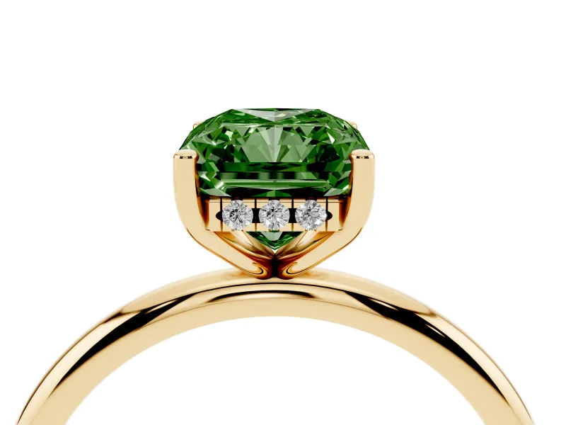 Fancy Green Radiant Cut Diamond Solitaire Engagement Ring Set in Yellow gold with Prong Setting and Polished Band