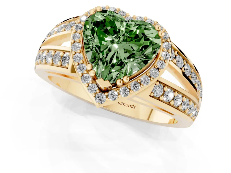 Fancy Green Heart Cut Diamond Halo Ring Set in Yellow gold with Double Pavé Split Shank