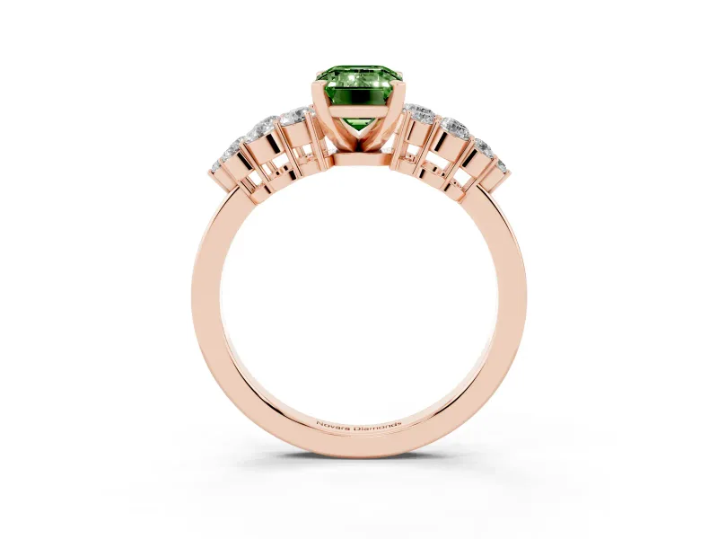 Emerald Cut Side Stone Engagement Ring Setting for a Fancy Green Lab-Grown Diamond | Shoulder Clusters | Rose Gold