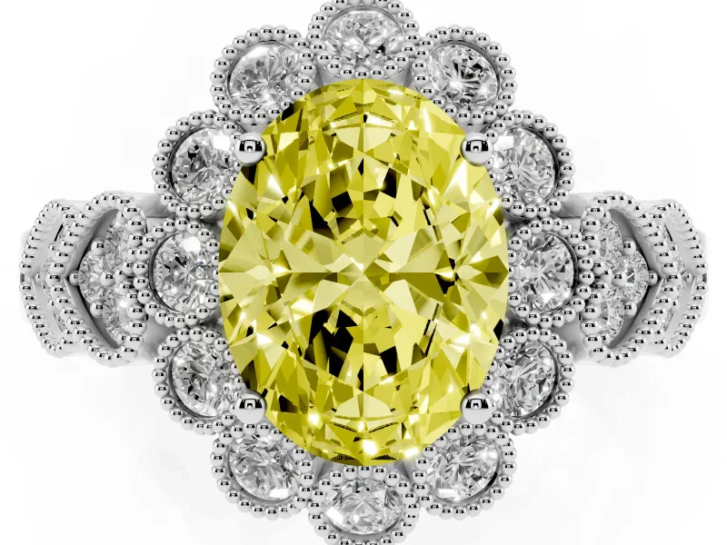 Oval Scalloped Halo Engagement Ring Setting for a Fancy Yellow Lab-Grown Diamond | Heart Pavé Band | Platinum