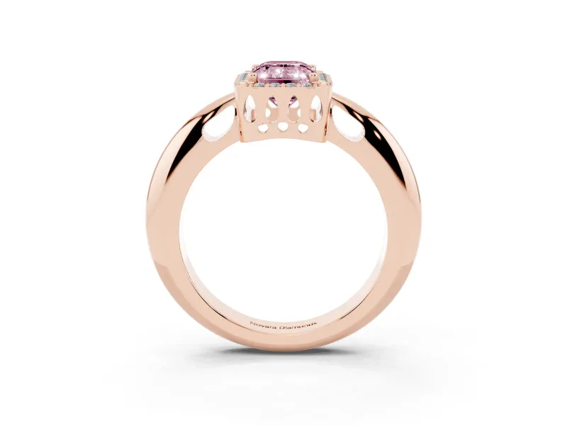 Fancy Pink Emerald Cut Diamond Halo Engagement Ring Set in Rose gold with Plain Split Shank and Prong Setting