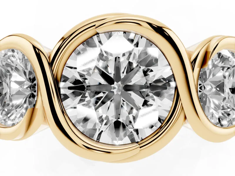 Round Bezel Three Stone Engagement Ring Setting | S-Curve Wave | Yellow Gold