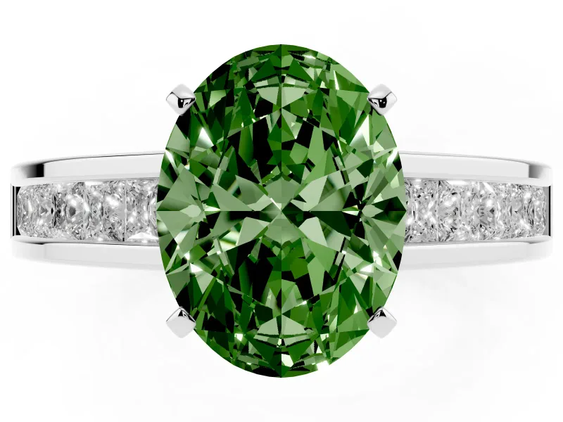 Fancy Green Oval Cut Diamond Solitaire Ring Set in Silver with Channel-Set Band and Prong Setting