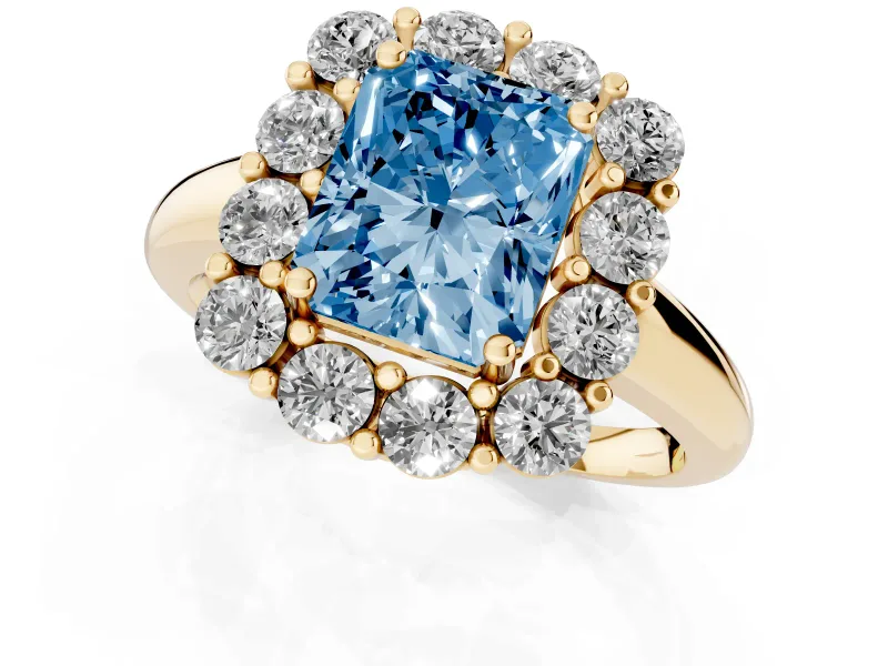 Radiant Cut Cluster Halo Engagement Ring Setting for a Fancy Blue Lab-Grown Diamond | Large Round Accents | Yellow Gold