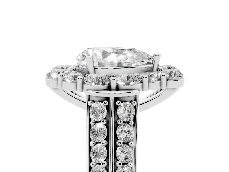 Pear Cut Diamond Halo Engagement Ring Set in White gold with Split Shank and Prong Setting