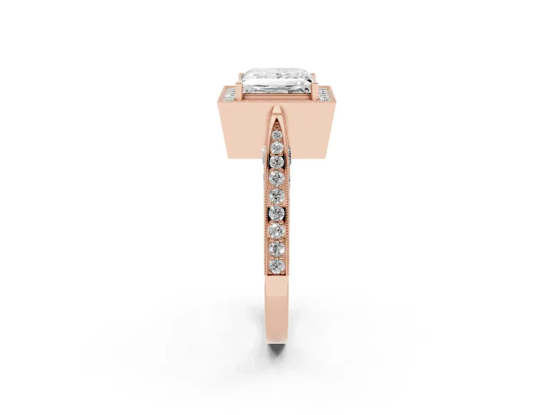 Princess Cut Vintage Milgrain Halo Engagement Ring Setting | Side Stones and Pave | Rose Gold