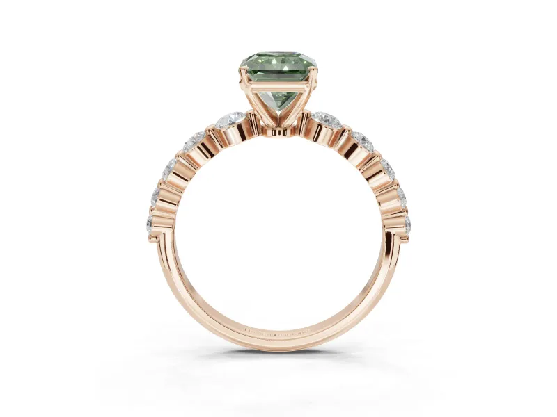 Radiant Cut Graduated Side Stone Engagement Ring Setting for a Fancy Green Lab-Grown Diamond | Rose Gold