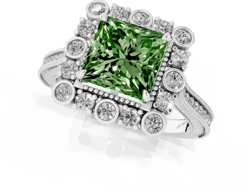 Princess Cut Halo Engagement Ring Setting for a Fancy Green Lab-Grown Diamond | Sterling Silver - Design NV-24753