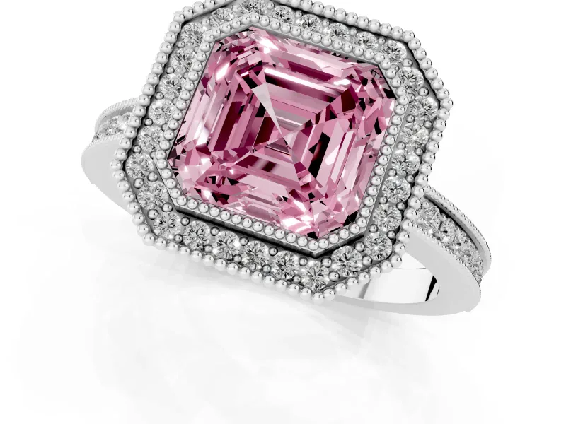 Fancy Pink Asscher Cut Diamond Halo Ring Set in Silver with Pavé Band and Milgrain-Edged Prongs
