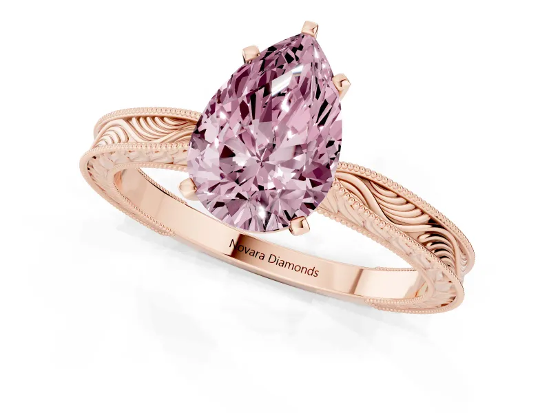 Fancy Pink Pear Cut Diamond Solitaire Milgrain Engraved Band Set in Rose gold with Prong Setting