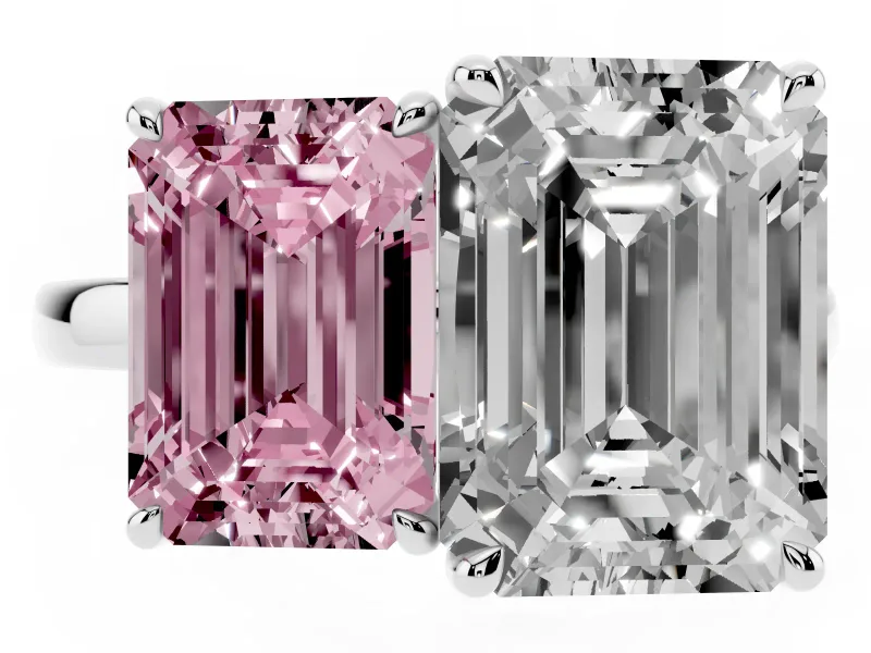 Fancy Pink Emerald Cut and Emerald Cut Toi Moi Ring Set in White gold with Prong Setting