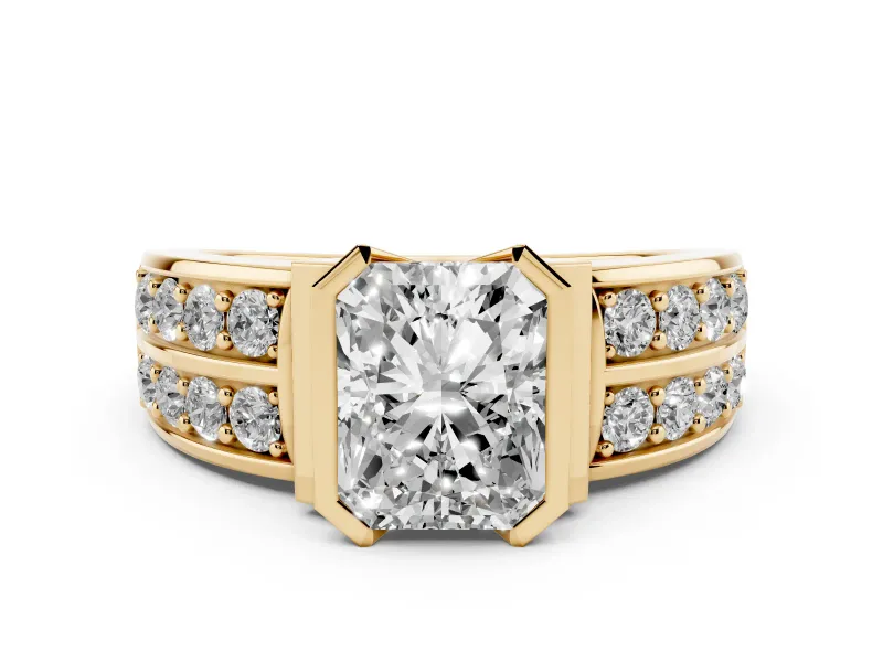 Radiant Cut Diamond Wide Channel Set Band Ring Set in Yellow gold with Bezel Setting
