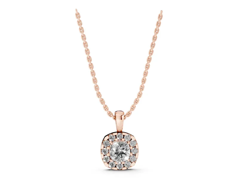 Cushion Cut Lab-Grown Diamond Halo Pendant Necklace | Polished Bail | Rose Gold