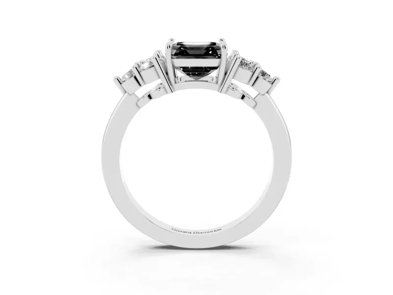 Fancy Black Asscher Cut Diamond Solitaire Ring Set in Silver with Cluster Accents on Each Side