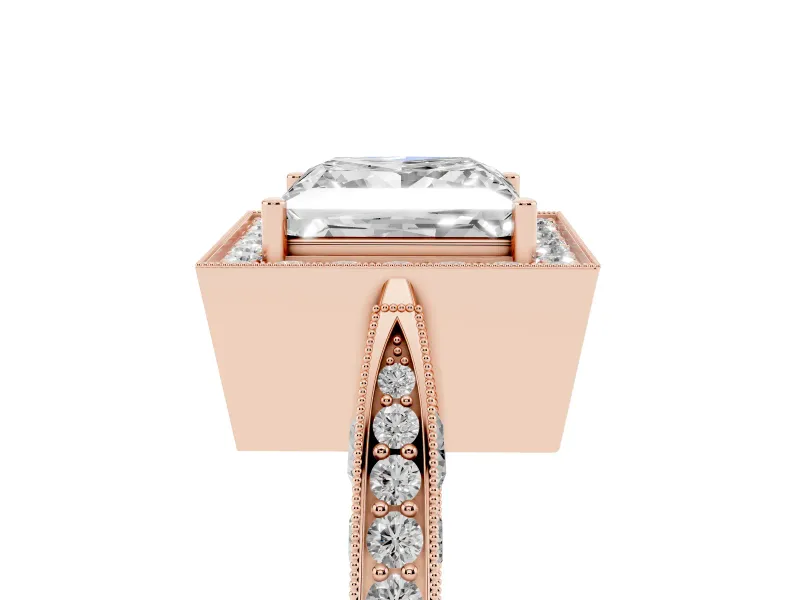 Princess Cut Vintage Milgrain Halo Engagement Ring Setting | Side Stones and Pave | Rose Gold