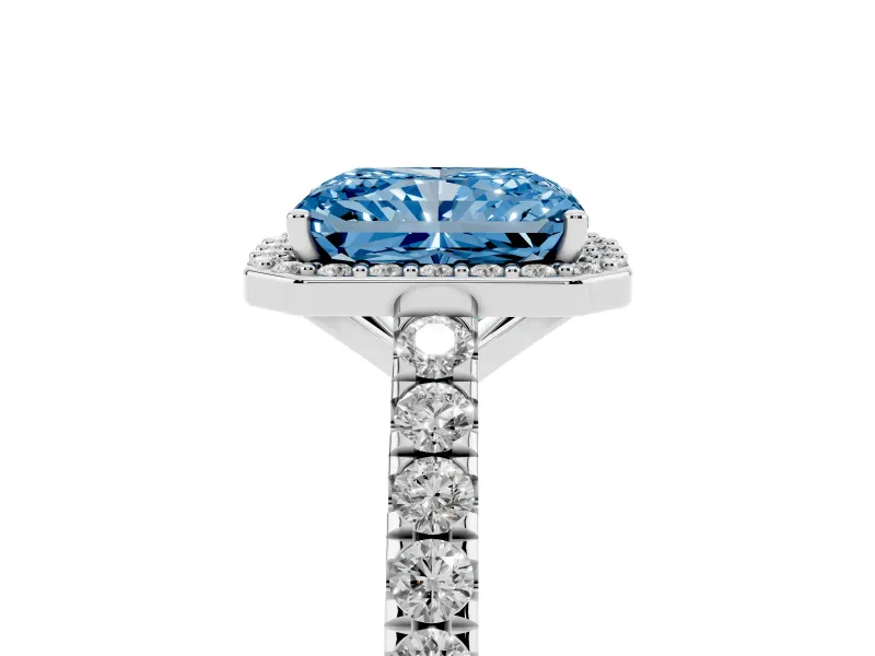 Fancy Blue Radiant Cut Diamond Halo Engagement Ring Set in Silver with Pavé Band and Prong Setting