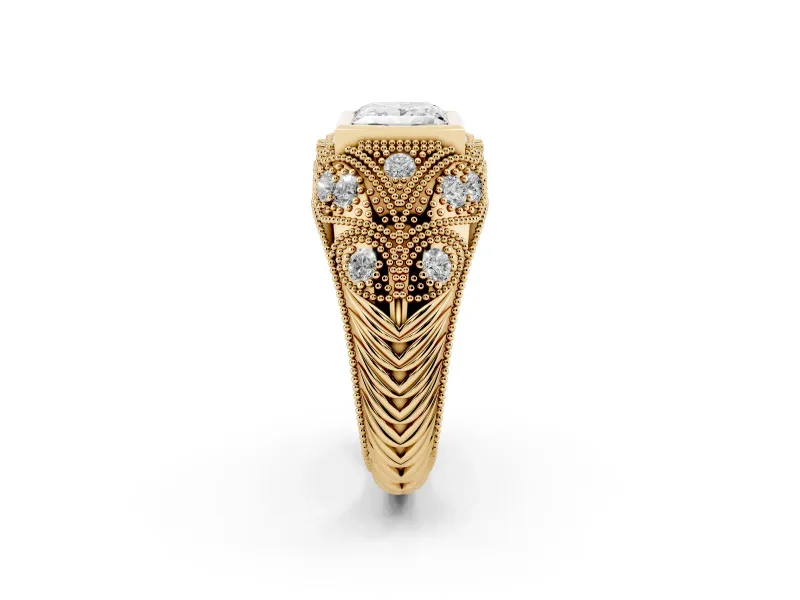 Princess Cut Vintage Bezel Engagement Ring Setting | Beaded Paisley Shoulders | Yellow Gold