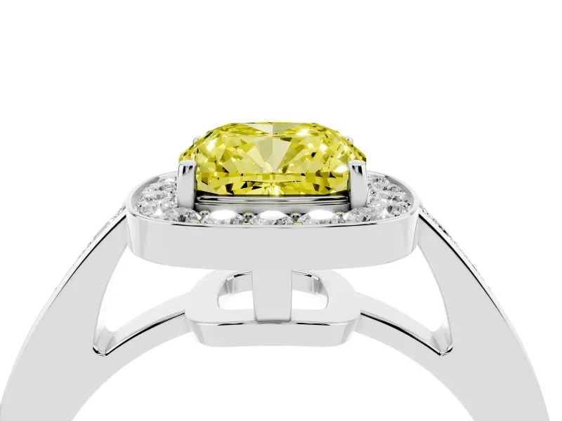 Fancy Yellow Cushion Cut Diamond Halo Pavé Engagement Ring Set in Platinum with Bezel Setting