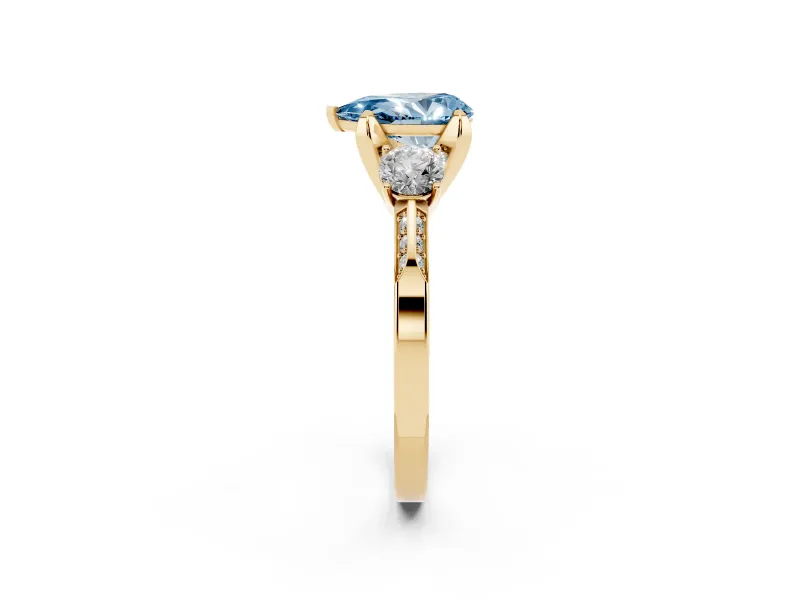 Pear-Shaped Hidden Halo Three Stone Engagement Ring Setting for a Fancy Blue Lab-Grown Diamond | Yellow Gold
