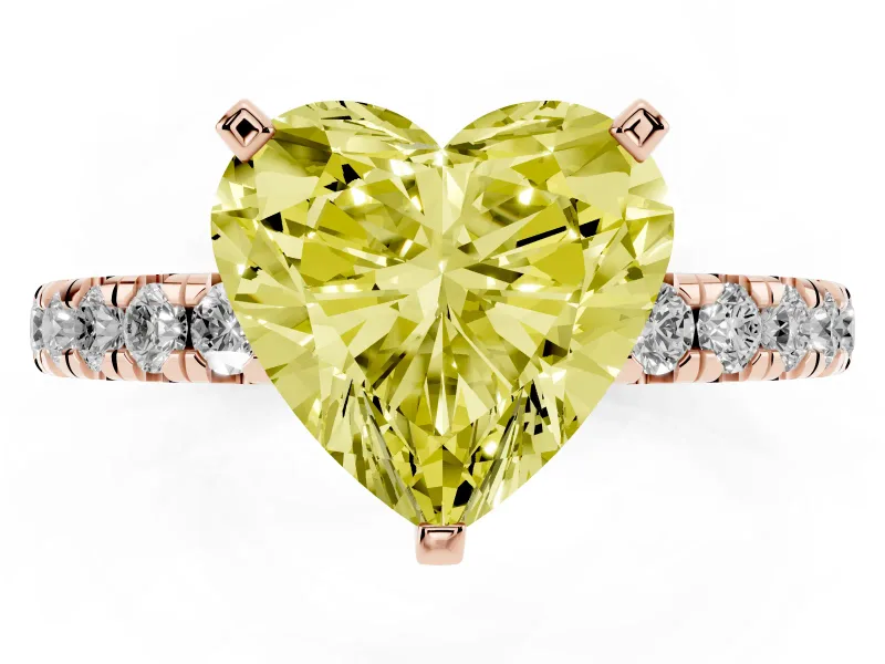Fancy Yellow Heart Cut Diamond Pavé Solitaire Ring Set in Rose gold with Round Band and Prong Setting