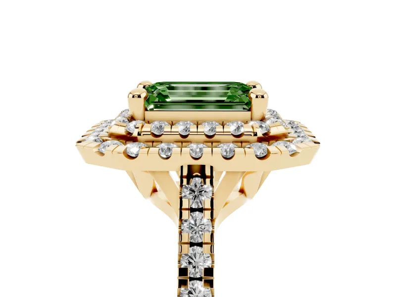 Fancy Green Emerald Cut Diamond Double Halo Statement Ring Set in Yellow gold with Pavé Band