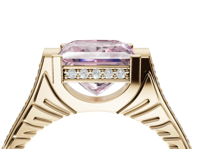 Princess Cut Vintage Cathedral Engagement Ring Setting for a Fancy Pink Lab-Grown Diamond | Carved Band | Yellow Gold