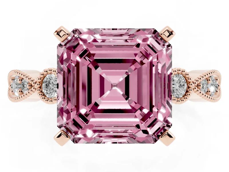 Fancy Pink Asscher Cut Diamond Solitaire Engagement Ring Set in Rose gold with Milgrain Bezel Accent Band