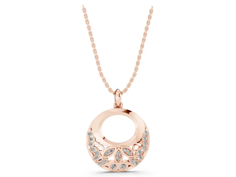Round Lab-Grown Diamond Pavé Leaf Filigree Disc Pendant Necklace | Open Oval Window | Rose Gold