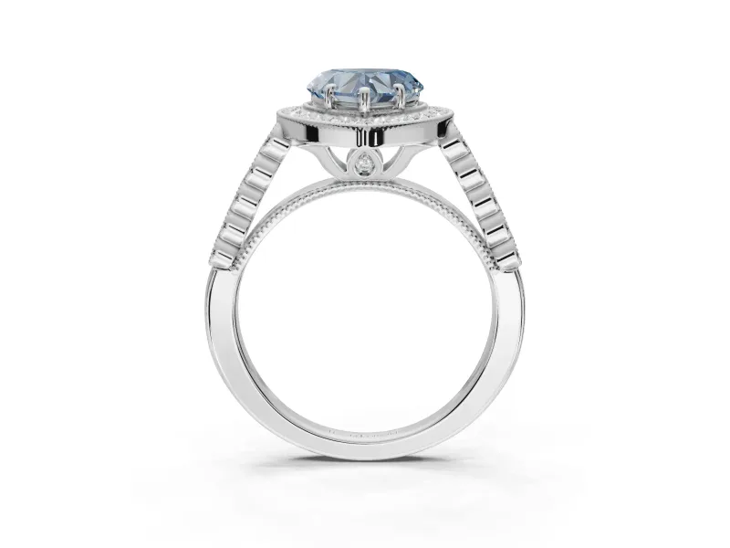 Fancy Blue Heart-Shaped Lab-Grown Diamond Milgrain Halo Solitaire Ring Set in Sterling Silver with Bezel Set Side Stones and Pavé Band