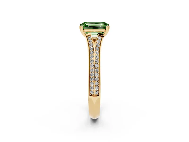 Emerald Cut Split Shank Engagement Ring Setting for a Fancy Green Lab-Grown Diamond | Pave Band | Yellow Gold