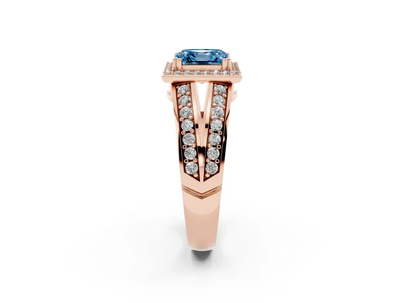 Asscher Cut Halo Engagement Ring Setting for a Fancy Blue Lab-Grown Diamond | Two-Row Pave Split Shank | Rose Gold