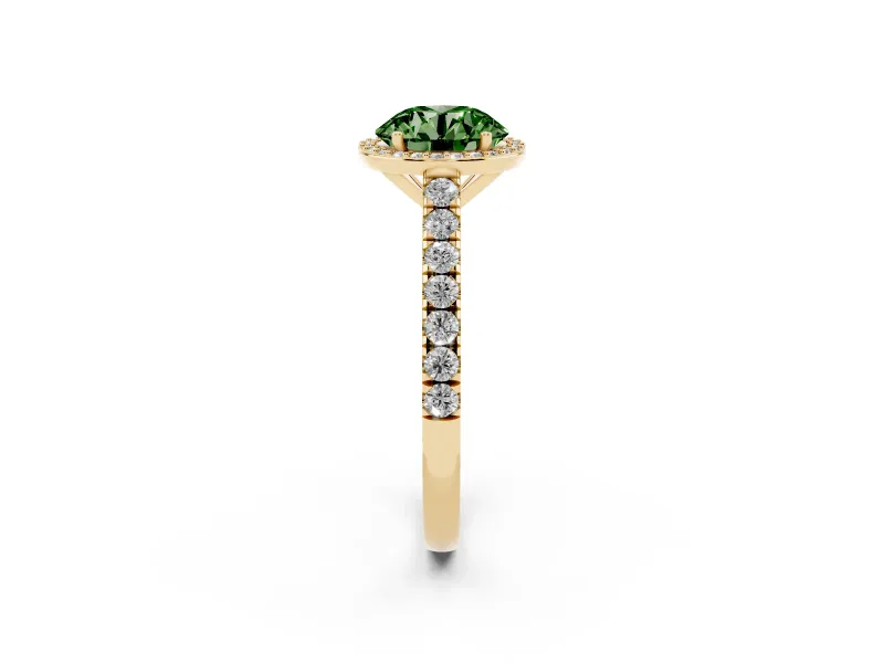 Fancy Green Round Cut Diamond Halo Engagement Ring Set in Yellow gold with Pavé Band and Prong Setting