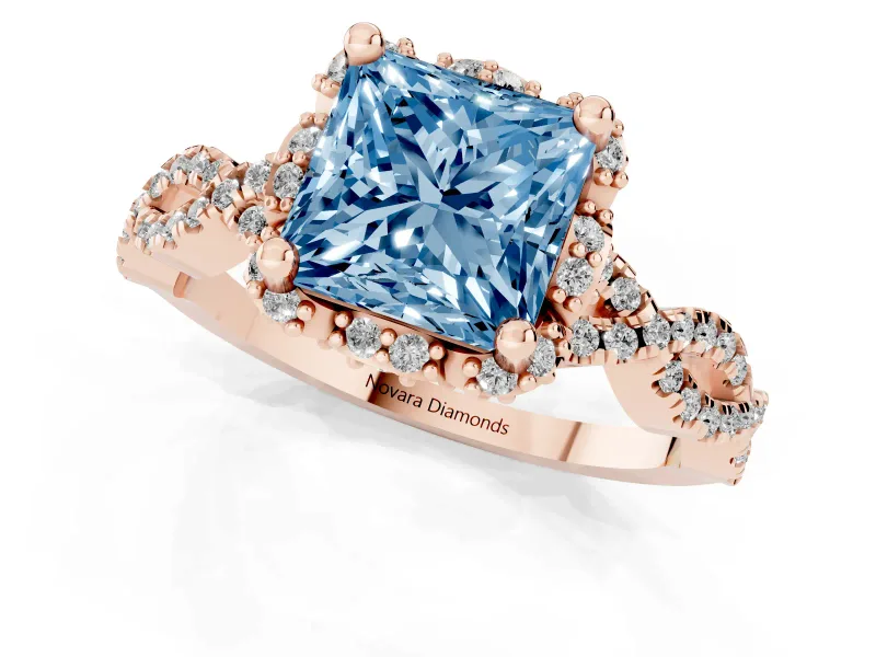 Princess Cut Milgrain Halo Engagement Ring Setting for a Fancy Blue Lab-Grown Diamond | Graduated Shoulders | Rose Gold