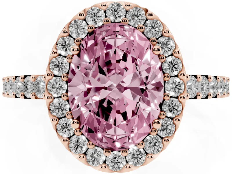 Fancy Pink Oval Cut Diamond Halo Pavé Solitaire Ring Set in Rose gold with Prong-Set Center Stone