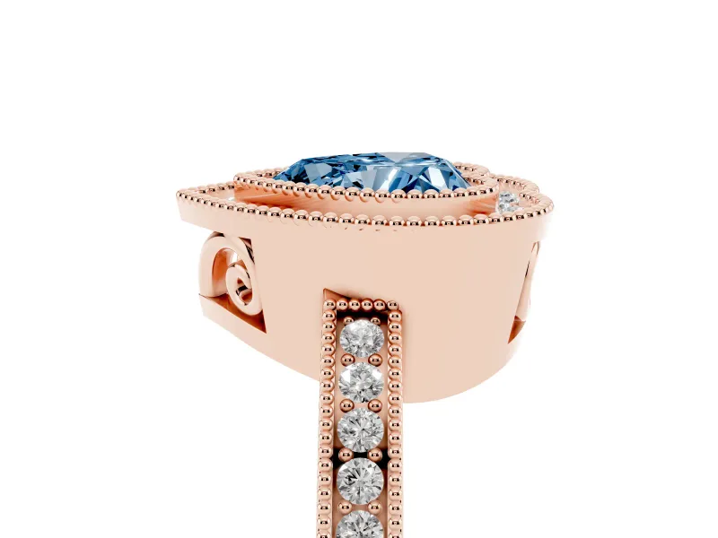 Fancy Blue Heart Cut Diamond Halo Ring Set in Rose gold with Pavé Band and Milgrain-Edged Prongs