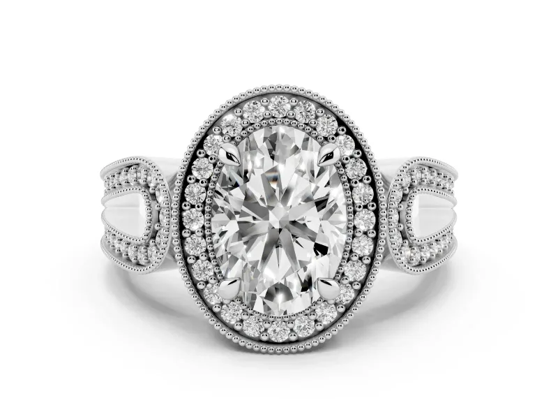 Oval Cut Diamond Halo Ring Set in White gold with Milgrain Accent Split Shank