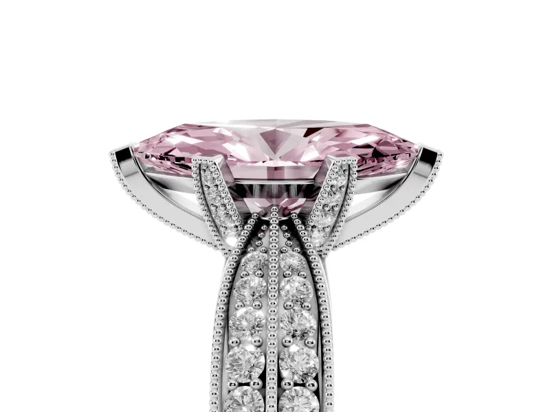 Fancy Pink Marquise Cut Diamond Solitaire Ring Set in Silver with Milgrain Double Row Round Pavé Band