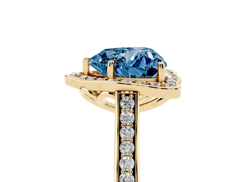 Heart-Shaped Petal Tip Halo Engagement Ring Setting for a Fancy Blue Lab-Grown Diamond | Pavé Band | Yellow Gold