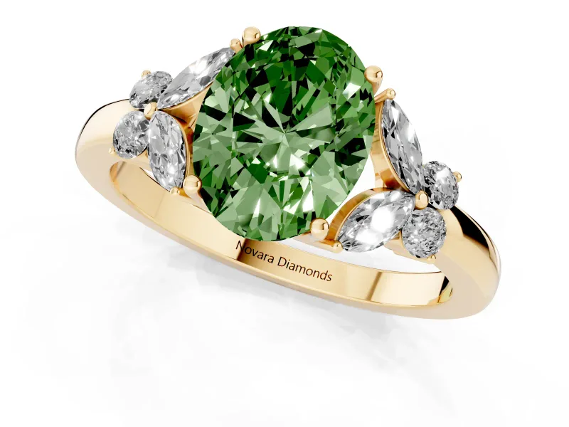 Fancy Green Oval Cut Diamond Solitaire Floral Ring Set in Yellow gold with Marquise Petals and Prong Setting