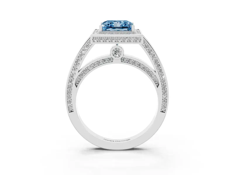 Fancy Blue Princess Cut Diamond Halo Pavé Split Shank Ring Set in Silver with Prong Setting