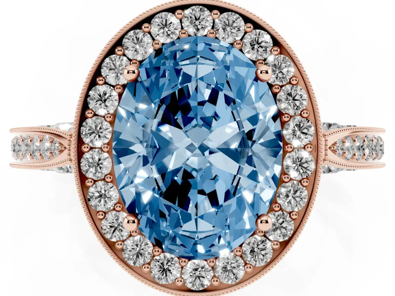 Oval Vintage Milgrain Halo Engagement Ring Setting for a Fancy Blue Lab-Grown Diamond | Side Stones and Pave | Rose Gold