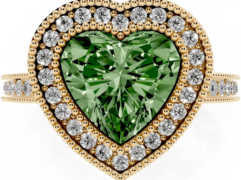 Fancy Green Heart Cut Diamond Halo Ring Set in Yellow gold with Pavé Band and Milgrain-Edged Prongs