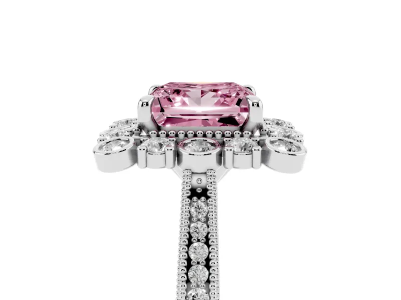 Fancy Pink Princess Cut Diamond Halo Milgrain Pavé Ring Set in Silver with Prong Setting