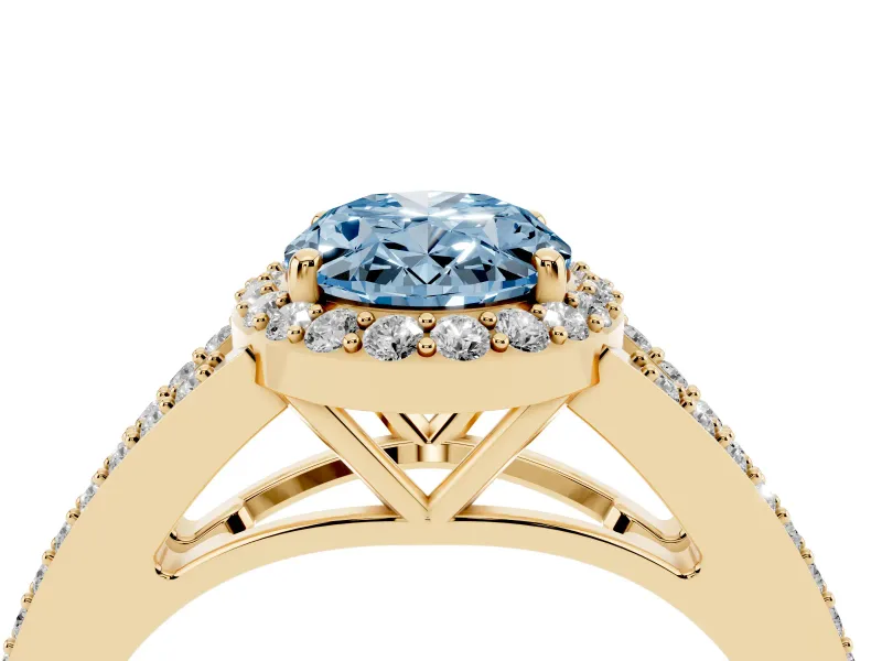 Oval Split Shank Halo Engagement Ring Setting for a Fancy Blue Lab-Grown Diamond | Yellow Gold