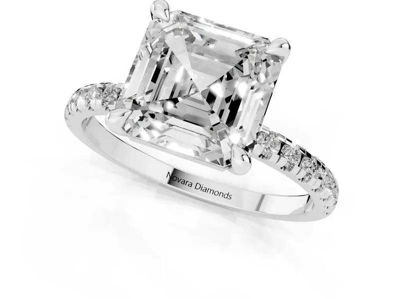 Asscher Cut Diamond Brilliant Solitaire Ring Set in Platinum with Pavé Band and Prong Setting
