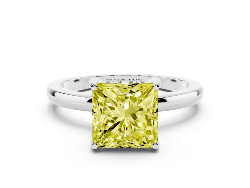 Fancy Yellow Princess Cut Diamond Solitaire Ring Set in White gold with Plain Band and Prong Setting