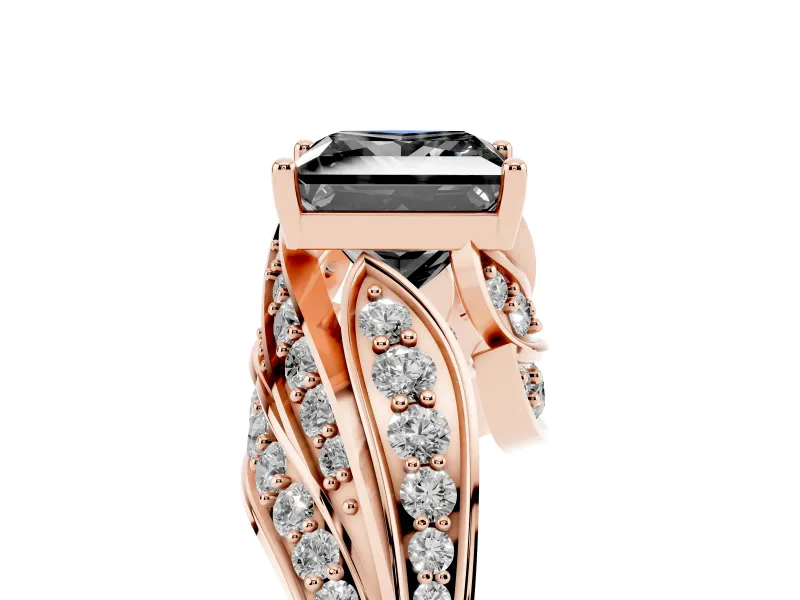 Fancy Black Princess Cut Diamond Solitaire Ring Set in Rose gold with Layered Twist Pavé Band