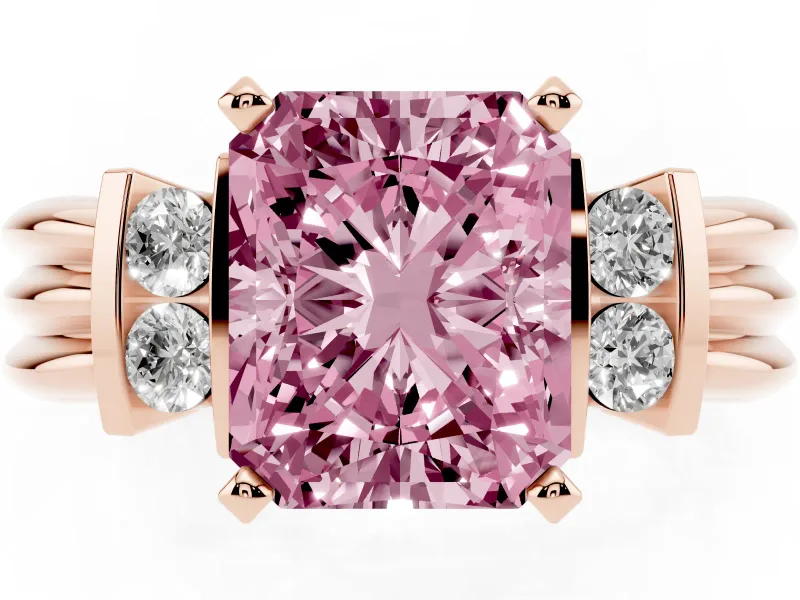 Fancy Pink Three-Stone Radiant Cut Diamond Channel Set Ring Set in Rose gold with Bar Prongs