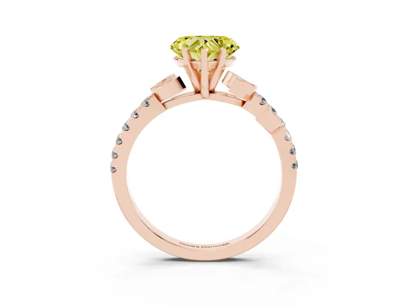 Fancy Yellow Heart Cut Diamond Solitaire Leaf-Inspired Ring Set in Rose gold with Pavé Band and Prong Setting