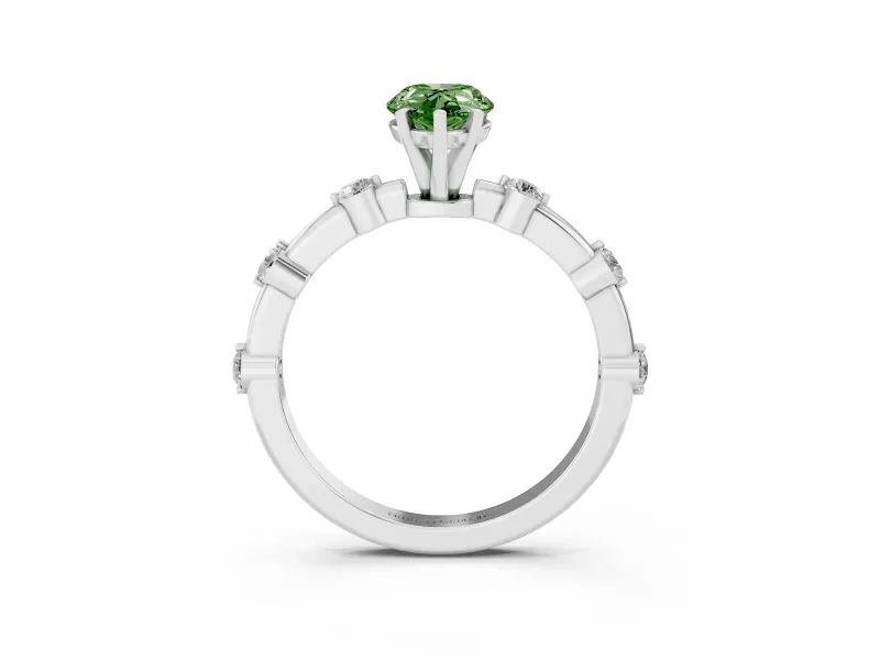 Fancy Green Pear Cut Diamond Solitaire Ring Set in White gold with Bezel Set Side Stones and Prong Setting
